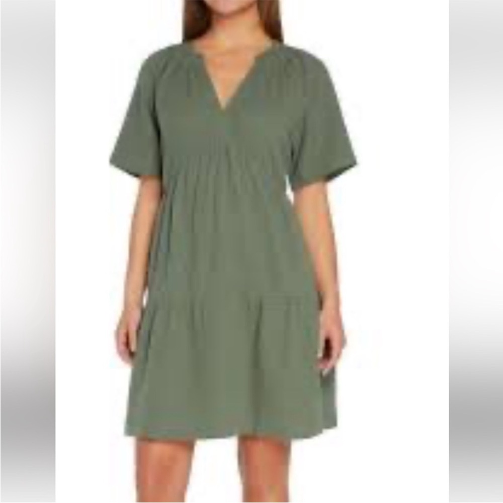 Casual Sage Green V-Neck Short Sleeve Cotton gauze Dress L